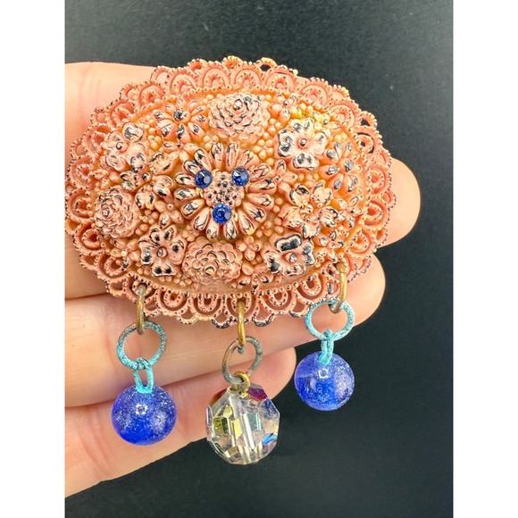 Vintage Celluloid Brooch Plastic Pink Beaded‎ Rhinestone Blue - Picture 2 of 8